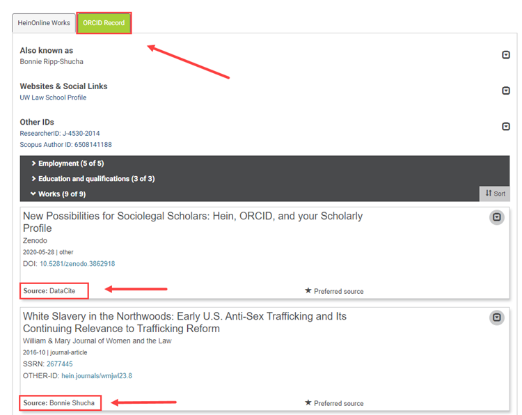 ORCID tab in Hein