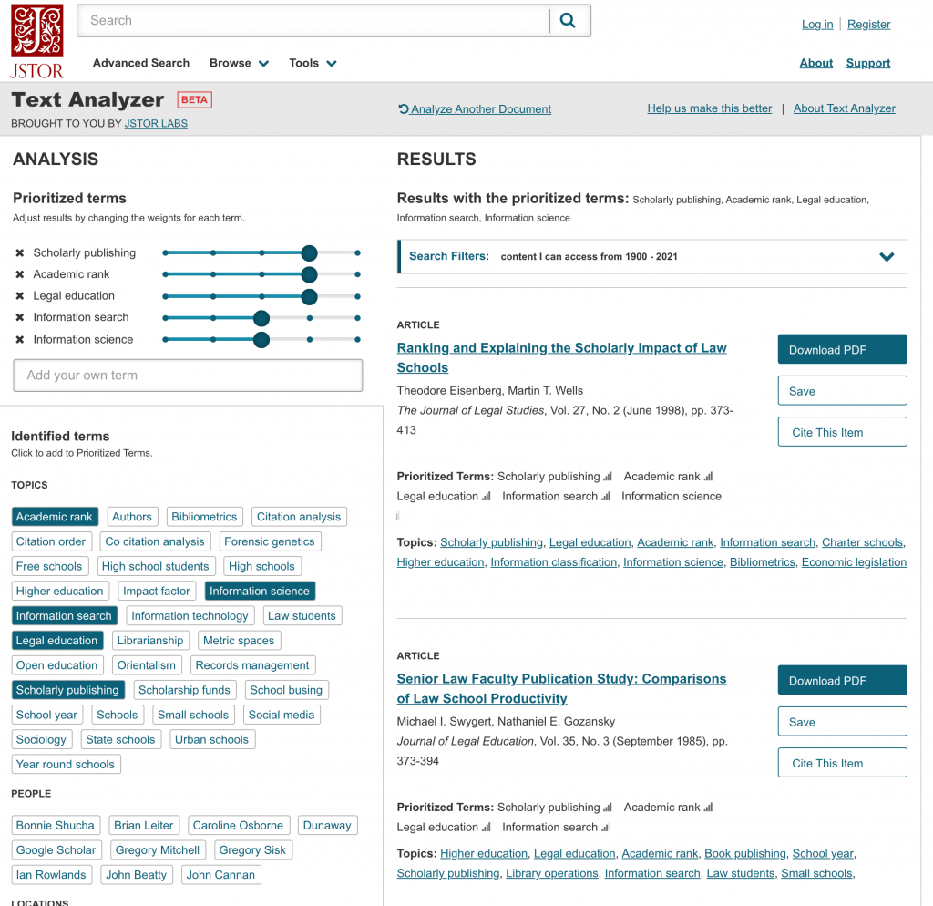 JStor Text Analyzer screen shot