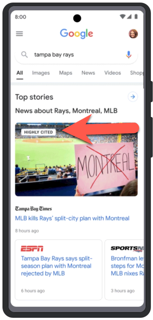Mobile screenshot of Google results with article labeled highly cited