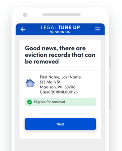 Screenshot from Legal Tune Up app with eviction records removal info.