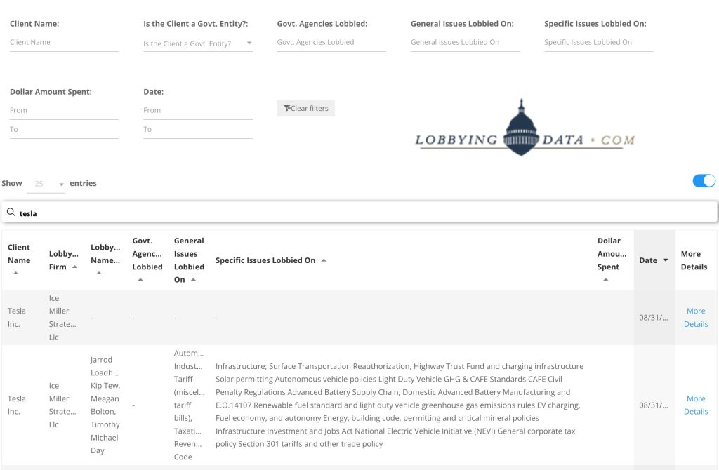 Screenshot of search for Tesla in Lobbying Data