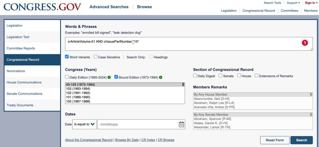 Screen shot of the Congressional Record