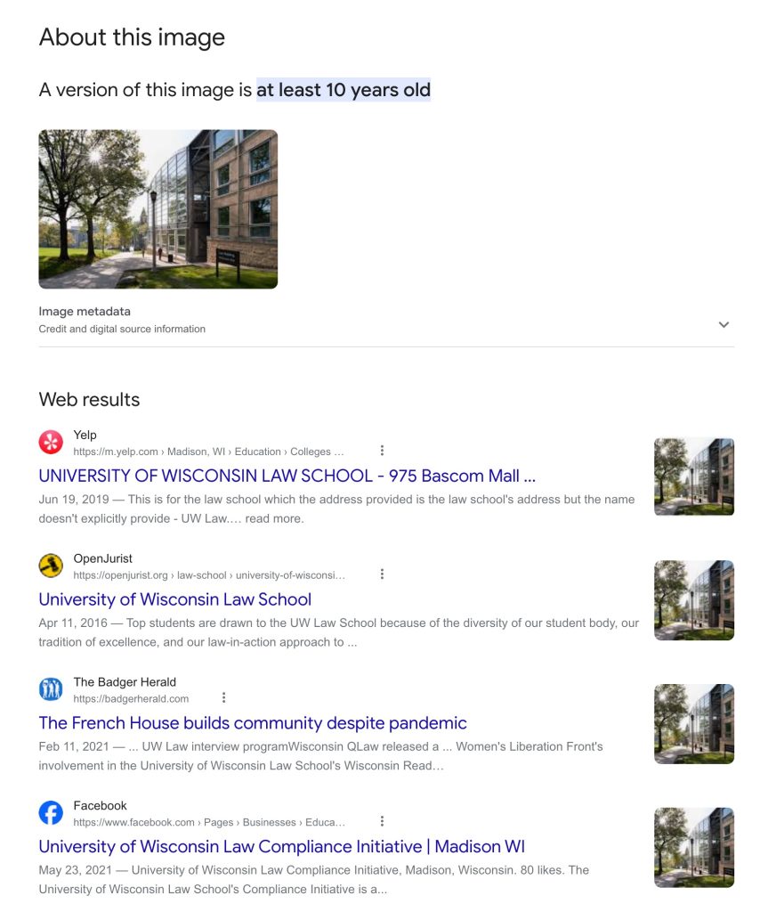 Screenshot of about this image for an image of UW Law School
