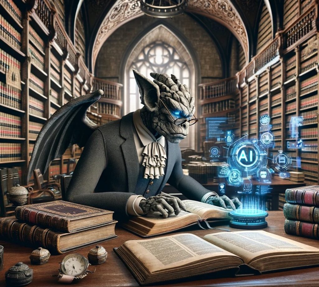 Image of a gargoyle doing legal research in a library using both books and AI