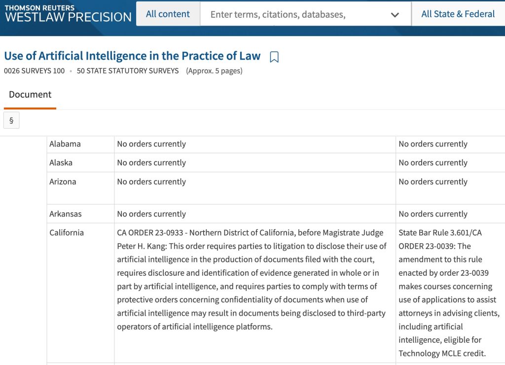 Screen shot of a 50 state survey from Westlaw